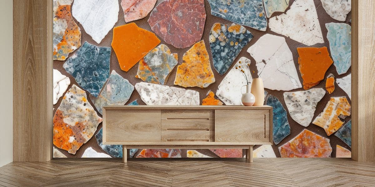 Colorful Mosaic Stones Terazzo Wallpaper shown in a room