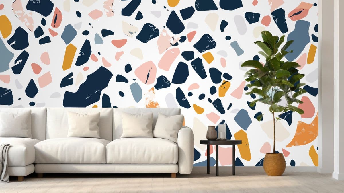 Modern Terrazzo Granite Frag Mural Wallpaper shown in a room