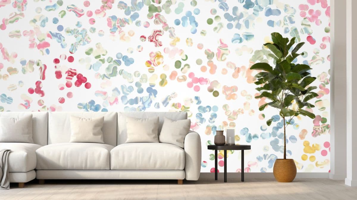 Multicolored Polka Dots Wallpaper Design shown in a room