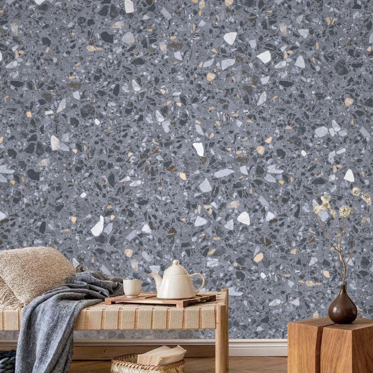 Terazzo Texture Marble Stone Grey Wallpaper shown in a room