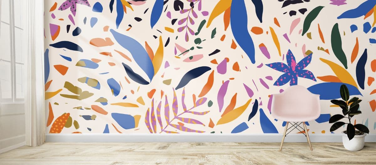 Terrazzo Inspired Tropical Leaves Wallpaper shown in a room