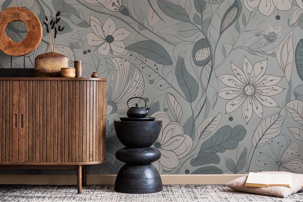 Wabi Sabi Blue Wallpaper Mural With Floral Patterns shown in a room