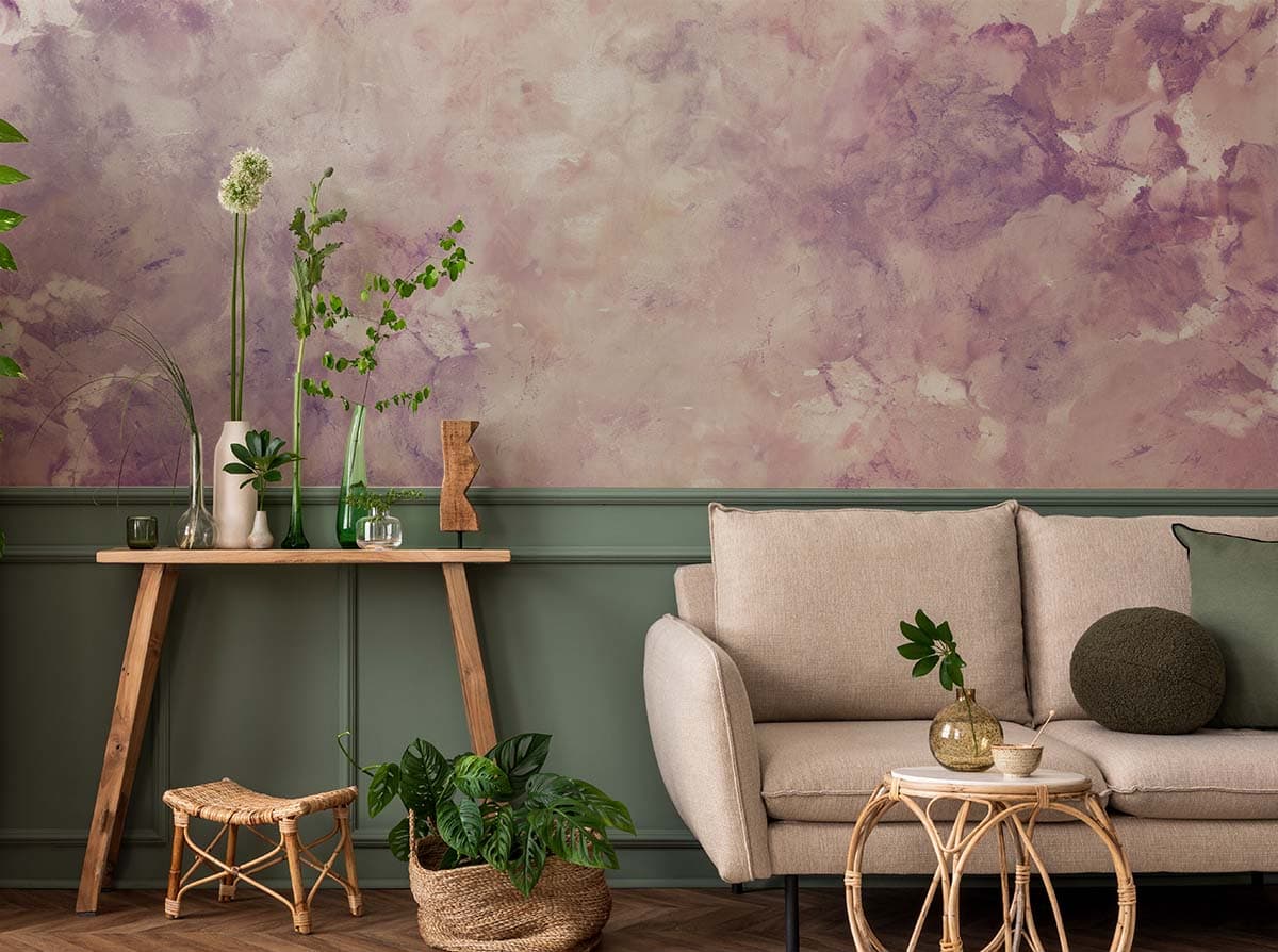 Wabi Sabi Pink and Purple Abstract Mural Wallpaper shown in a room