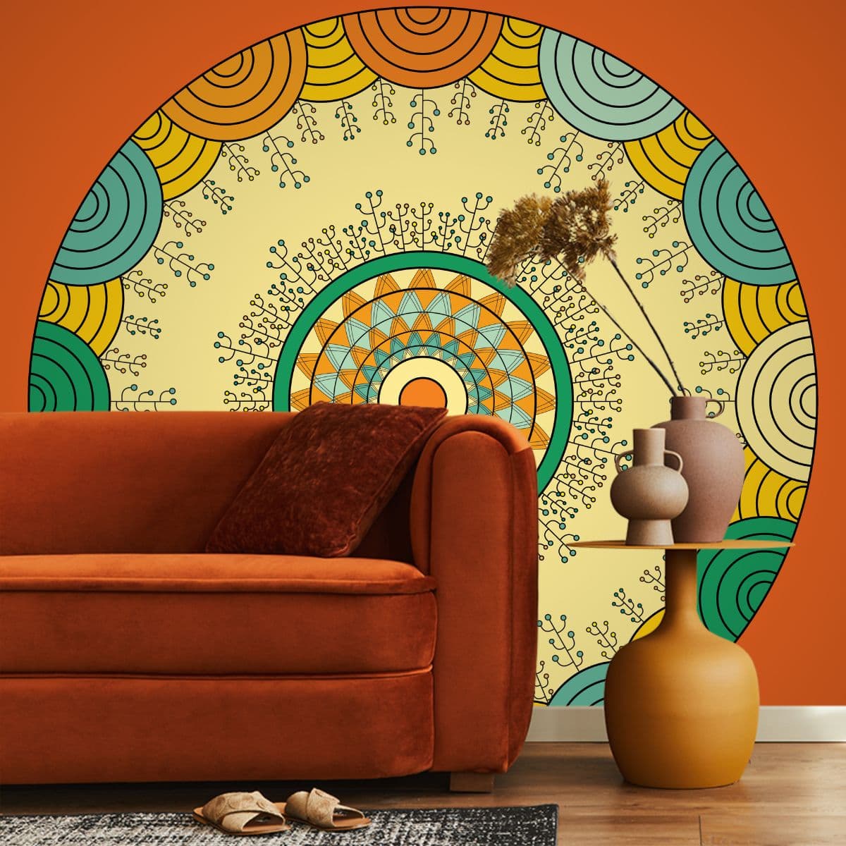 Intricate Madhubani Painting Wallpaper Mural shown in a room