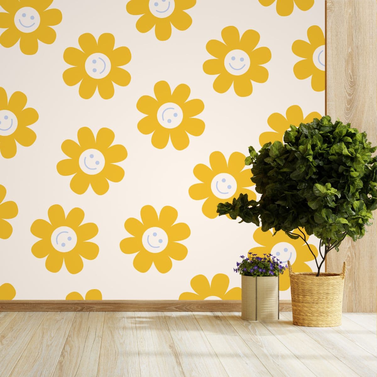 Bright Smiling Sunflower Design for Happy Walls Wallpaper shown in a room