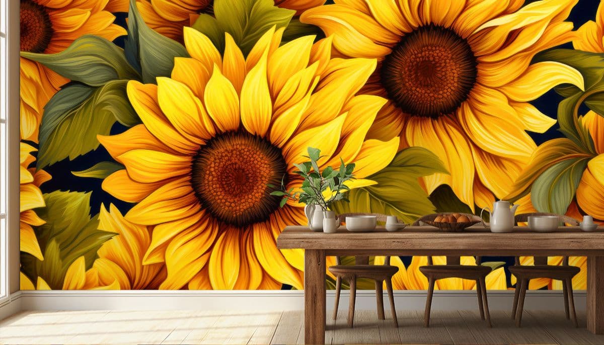 Bright Sunflower Mural Nature Wallpaper shown in a room