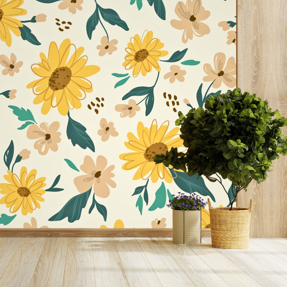 Nature Daisy Field Wall Art Design wallpaper shown in a room