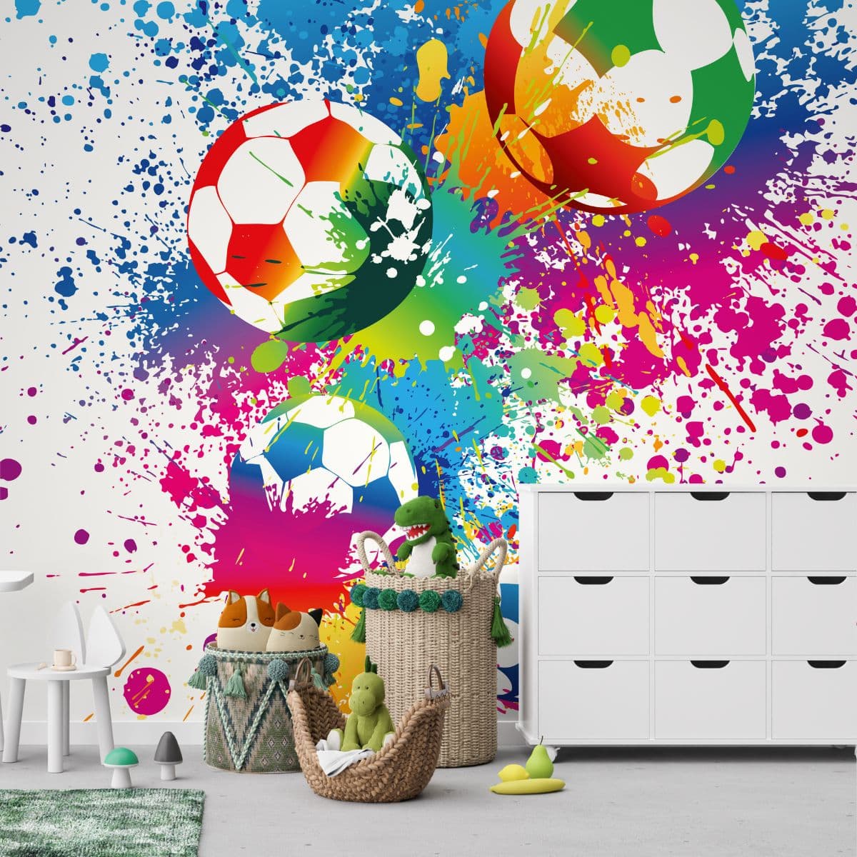 Colorful Footballs Art Wallpaper Mural shown in a room