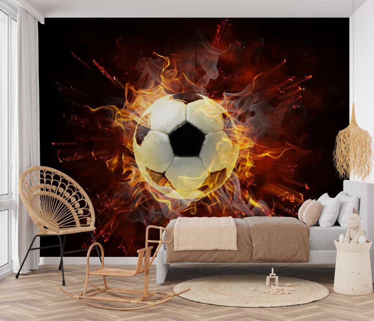 Flamy Football Wallpaper Mural shown in a room
