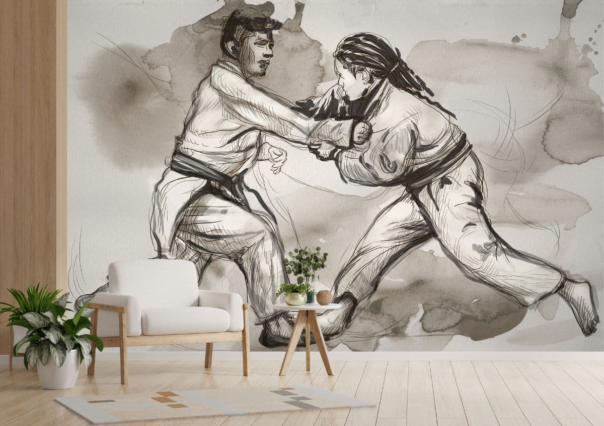 Judo Sketch Art Wallpaper Mural for Wall shown in a room