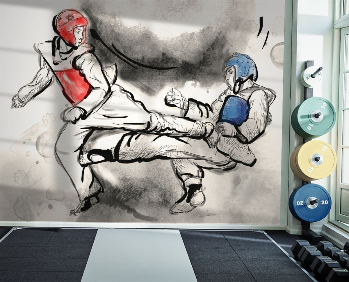 Taekwondo Sketch Art Wallpaper Mural shown in a room
