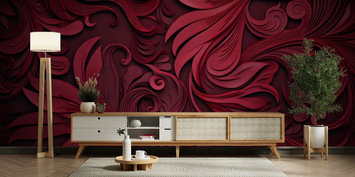 Burgundy Damask Wallpaper Mural shown in a room