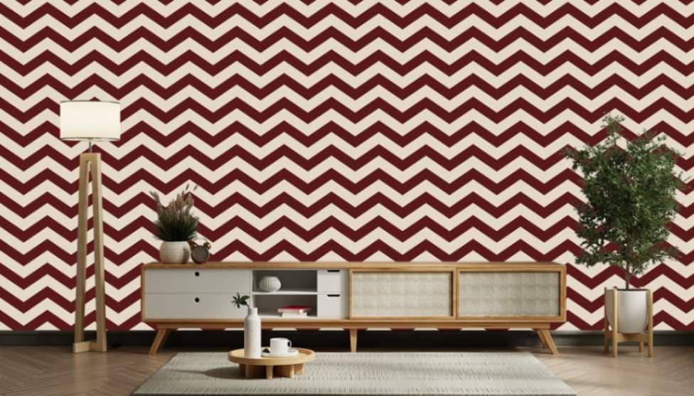 Maroon Maze Pattern Modern Geometric Design wallpaper shown in a room