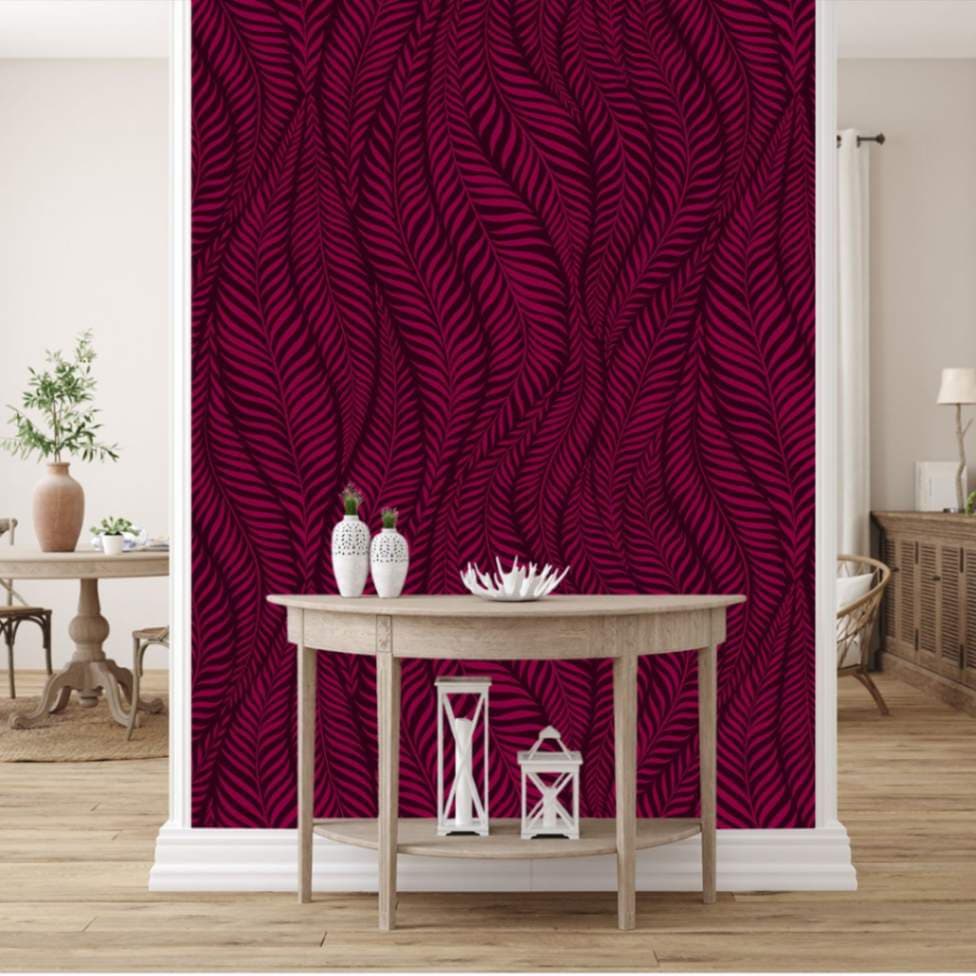 Burgundy Floral Jungle Wallpaper Mural shown in a room