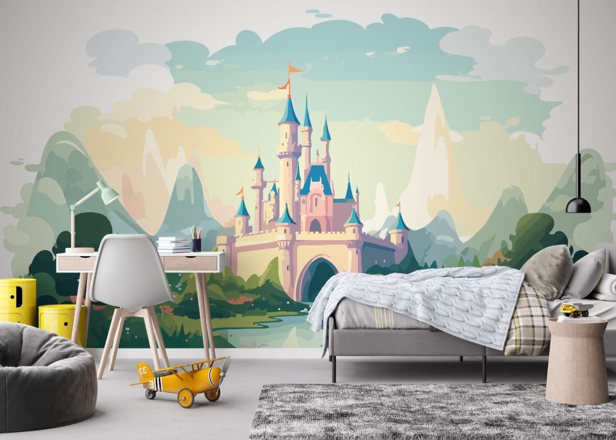 Enchanted Castle Painting Wallpaper Mural shown in a room