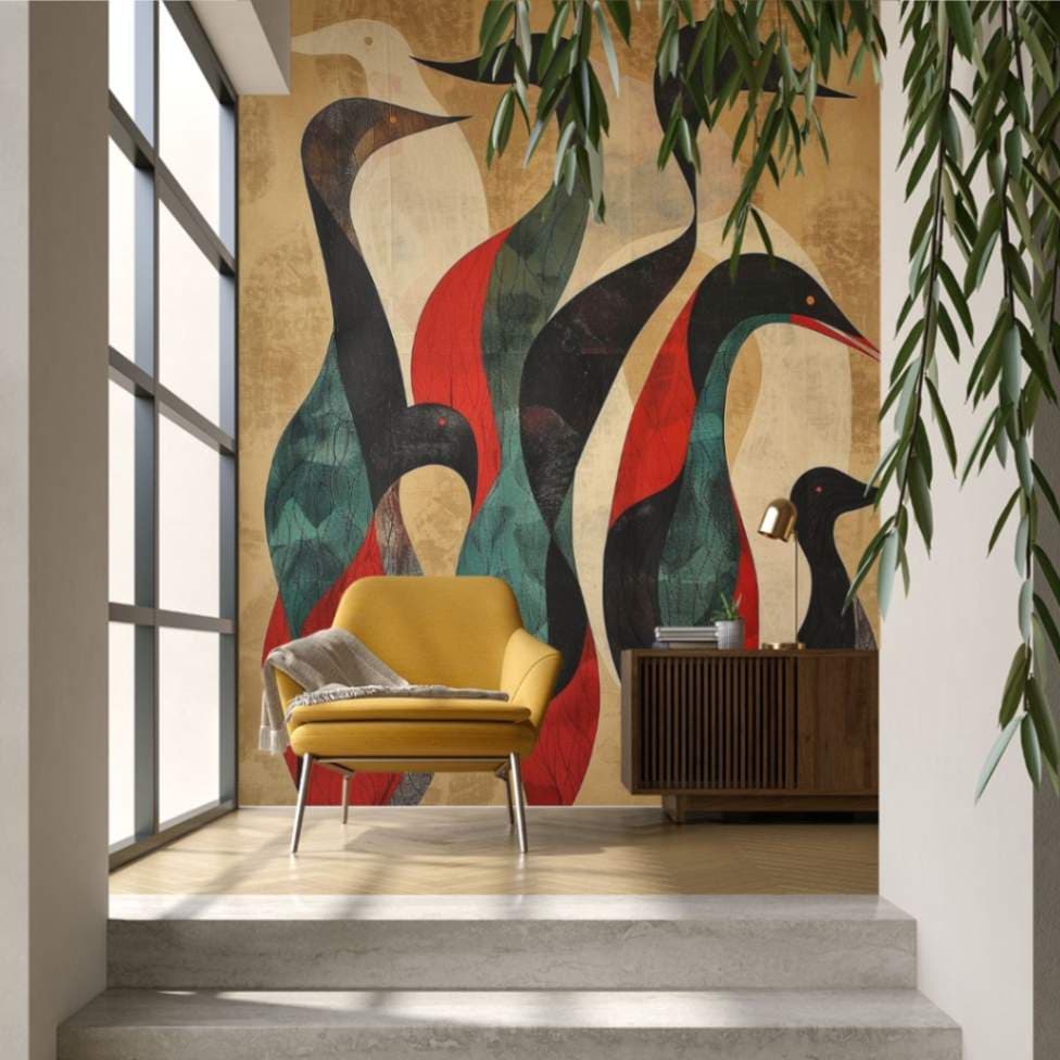 Artistic Gond Painting Inspired Wall Wallpaper shown in a room