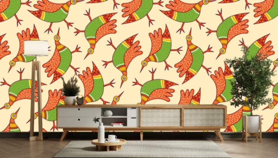Chitrangada's Chirp Gond Art Wallpaper shown in a room