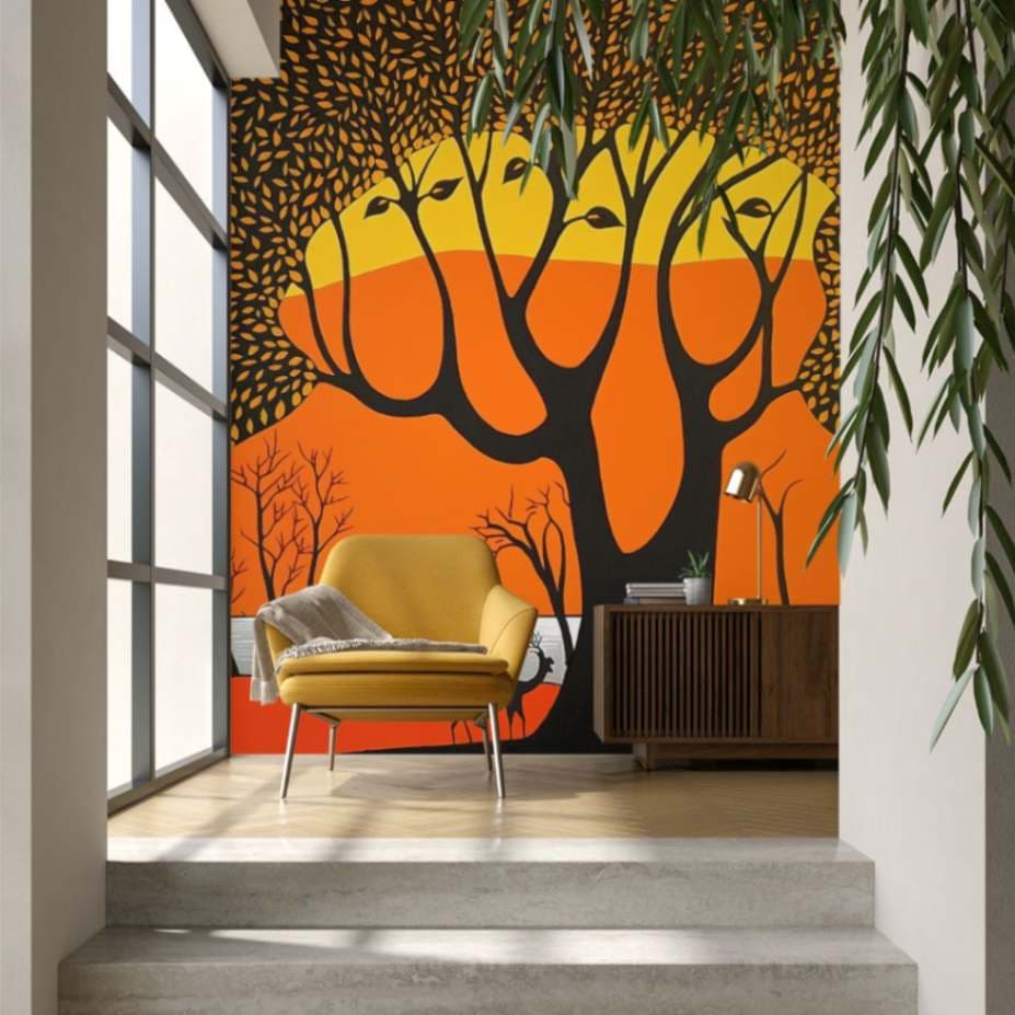 Wild Wisp Gond Art Wallpaper Mural shown in a room