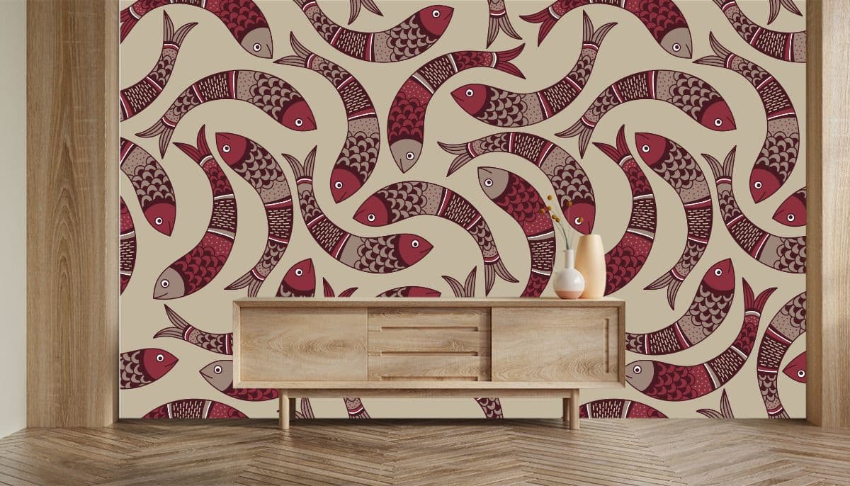 Stylish Traditional Fish Motif for Accent Wall Wallpaper shown in a room