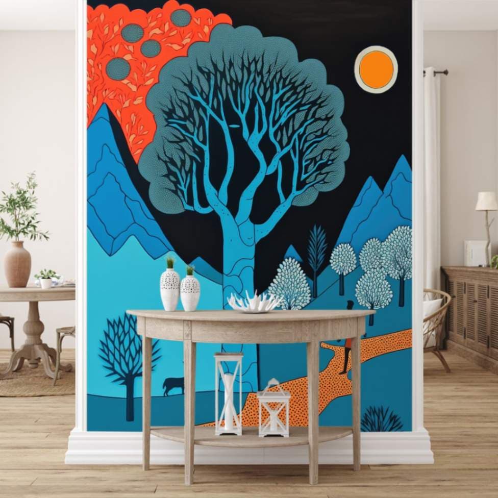 Gond Art Scenery Painting Traditional Wall Mural Wallpaper shown in a room