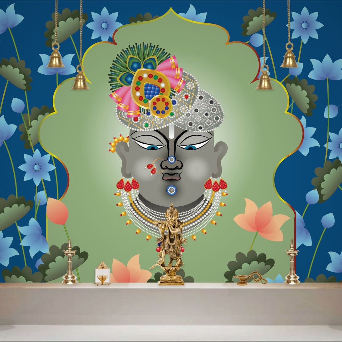 Shreenathji Folk Painting Mural Wallpaper shown in a room