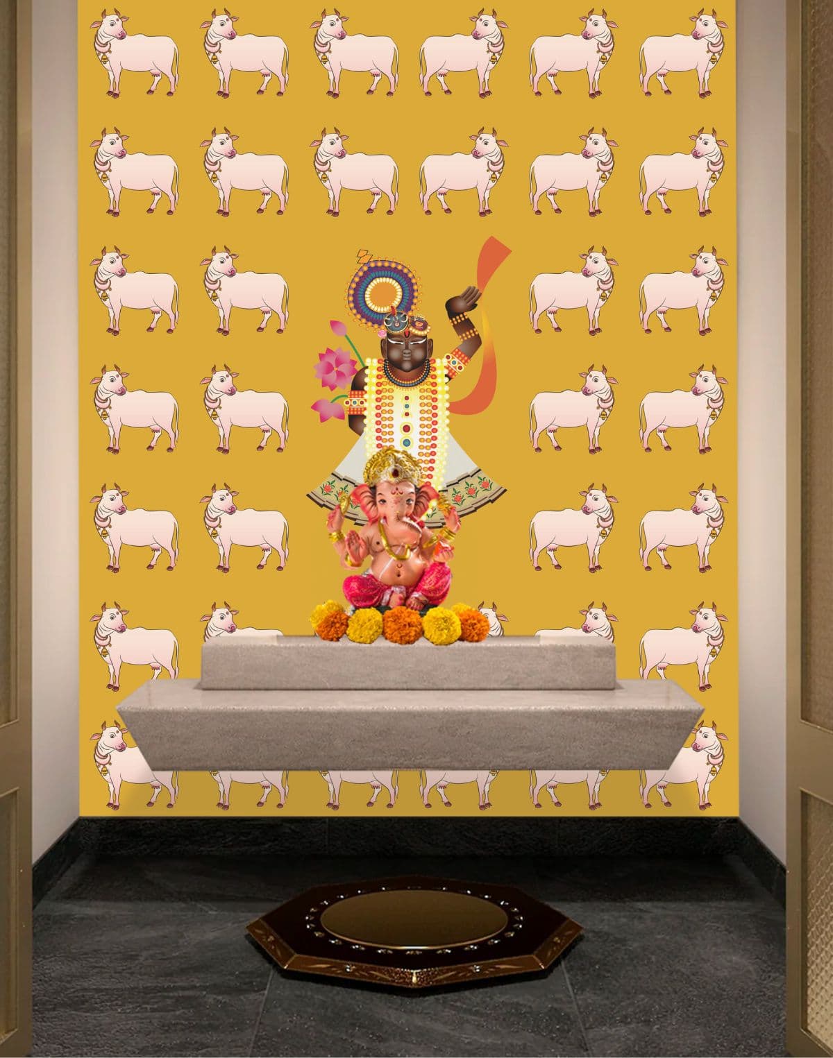 Shreenathji Pichwai Wallpaper Mural shown in a room