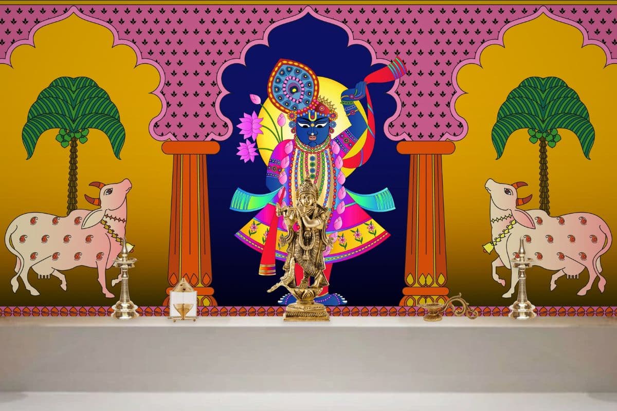 Shrinathji Pichwai Folk Painting Wallpaper Mural shown in a room