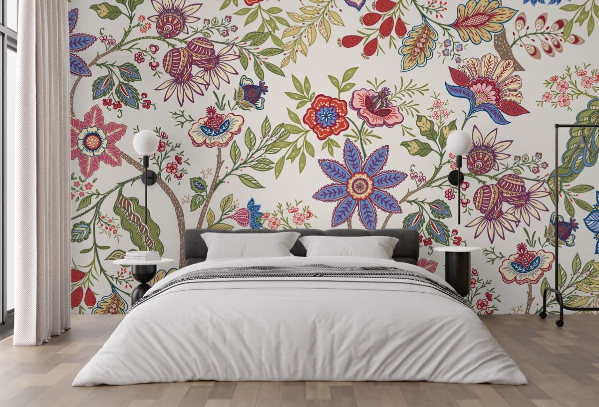 Retro Fantasy Flowers Wallpaper Mural for Wall shown in a room