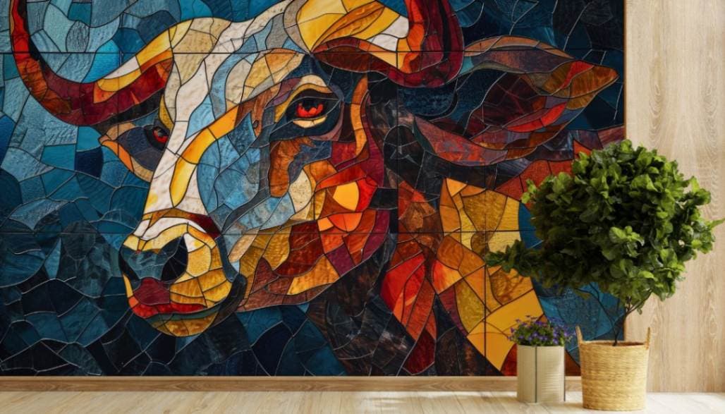 Vibrant Cow Abstract Art Aesthetic Wallpaper shown in a room