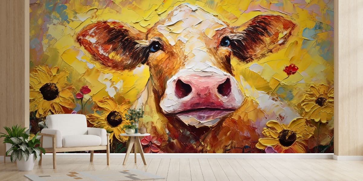 Painting of a Cute Cow Wallpaper Mural shown in a room