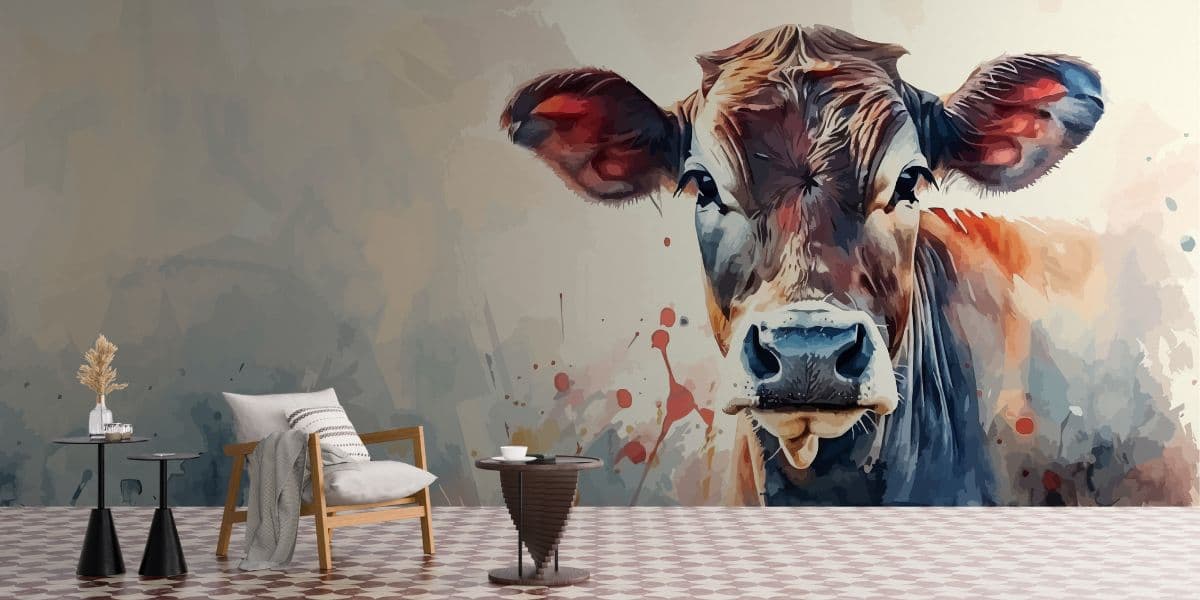Majestic Bovine Art Cow Wallpaper Mural shown in a room