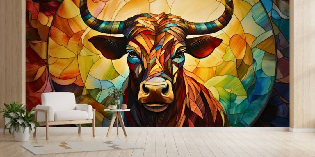 Radiant Mosaic Cow Wallpaper Mural shown in a room