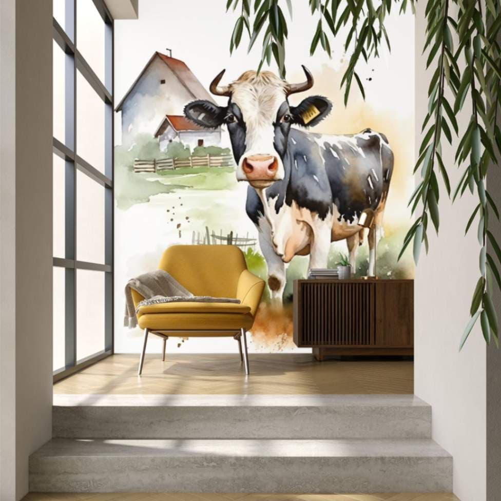 Charming Farmhouse Cow Wallpaper for Wall shown in a room