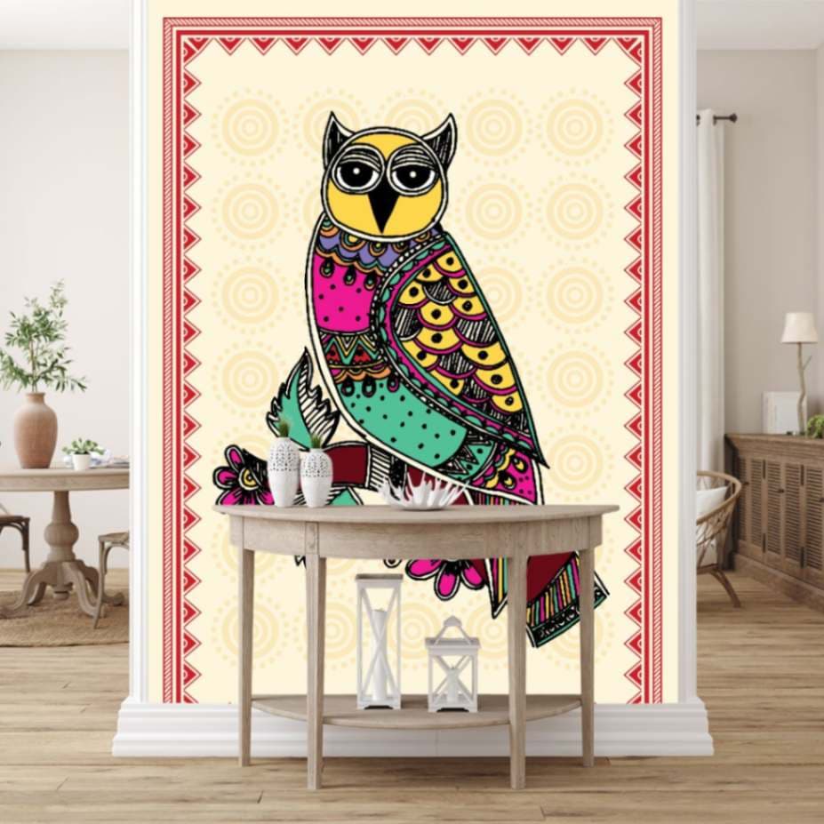 Kalighat Painting of an Owl Wallpaper Mural shown in a room