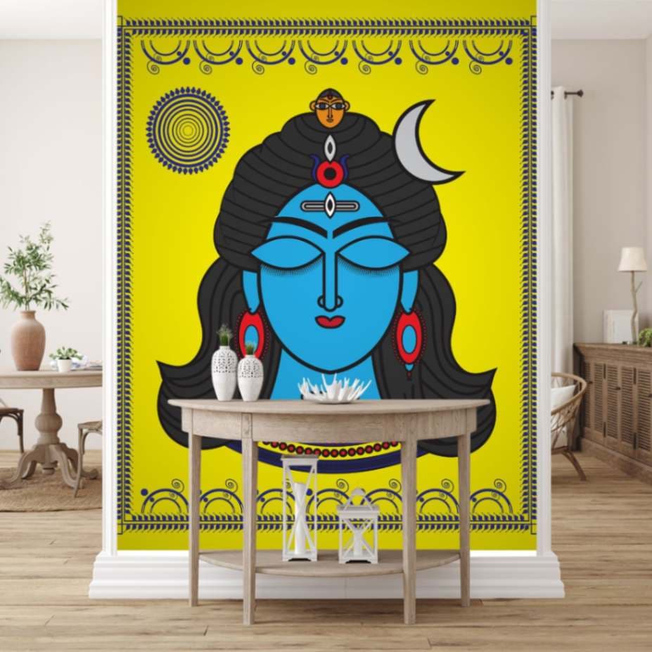 Painting of Meditating Shiv Ji Wallpaper Mural shown in a room