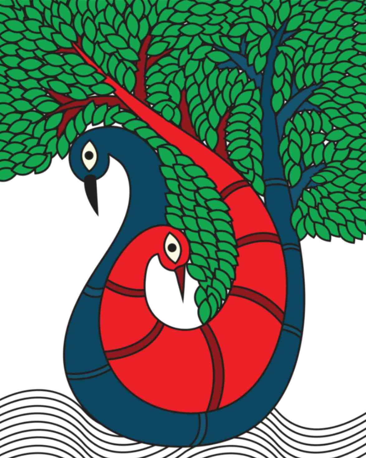 Kalighat Painting of a Peacock Wallpaper Mural pattern detail