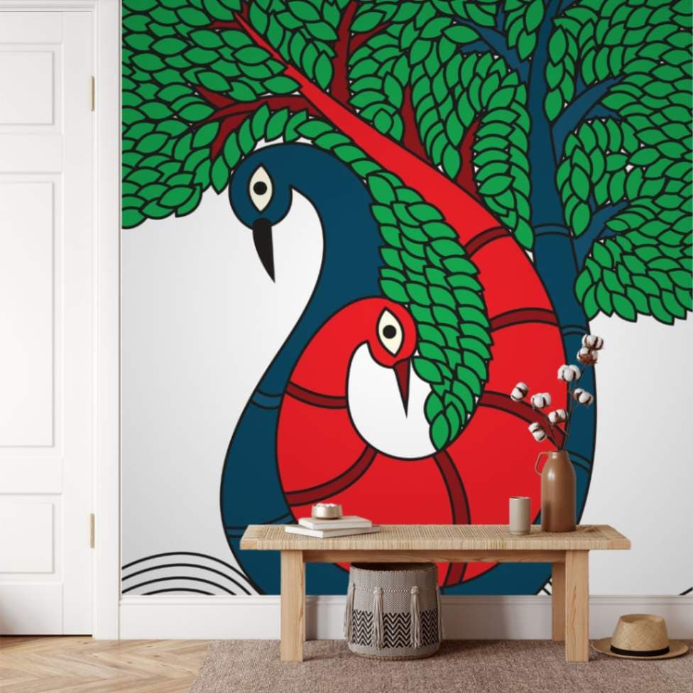 Kalighat Painting of a Peacock Wallpaper Mural shown in a room