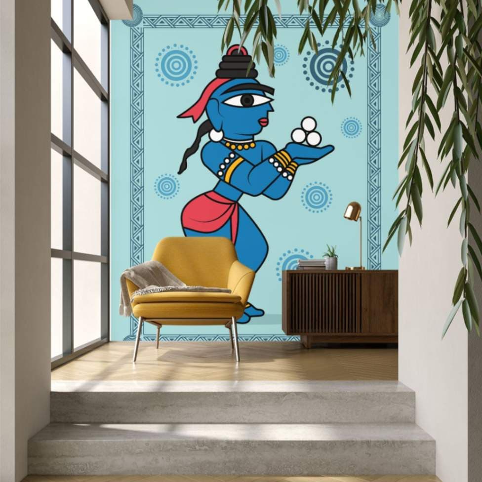 Kalighat Painting of Bal Krishna Wallpaper Mural shown in a room