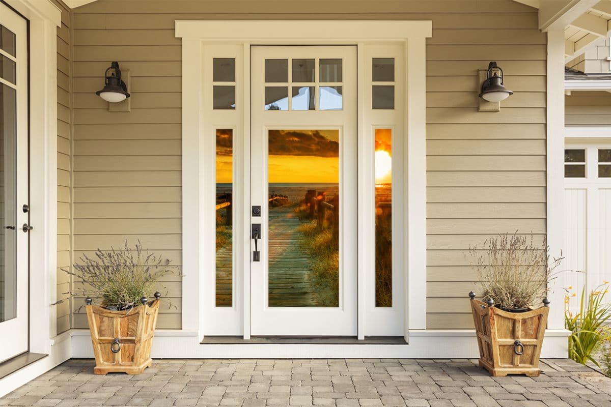 Aesthetic Tropical Sunset Beach Door Wallpaper shown in a room
