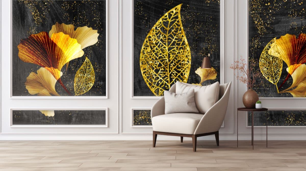 3D Golden Tree Leaves Wall Frame Wallpaper shown in a room