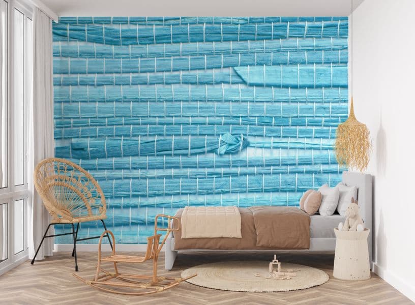 Calm Blue Tile Wallpaper with Grass Cloth Texture shown in a room