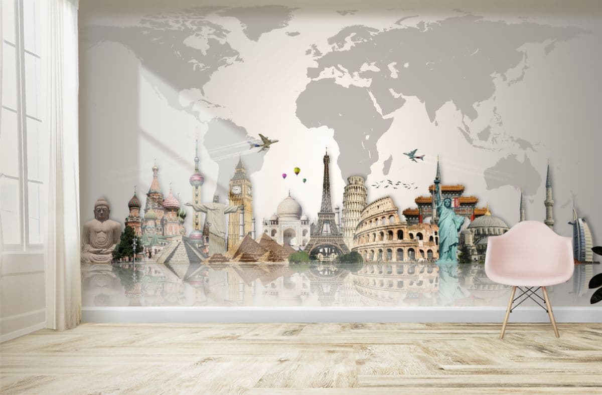Window to the World Travel Wallpaper Mural shown in a room