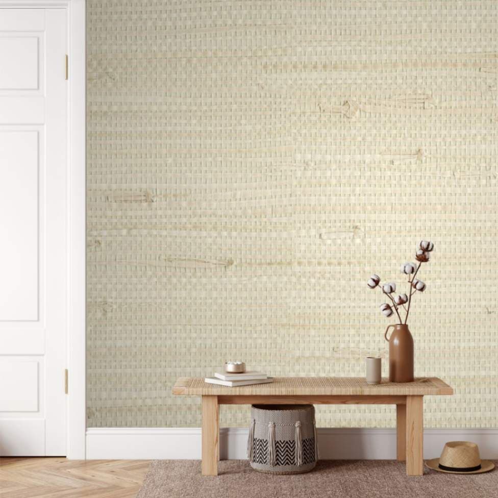 Beige grasscloth texture with natural woven finish wallpaper shown in a room