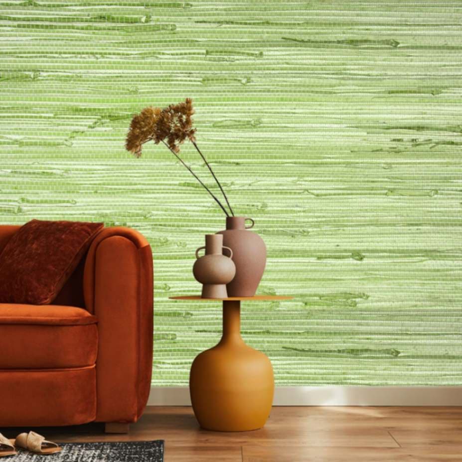 Premium Green Grasscloth Texture Modern Wall Wallpaper shown in a room