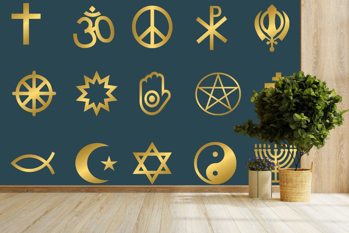 Golden Religious Symbols Wallpaper for Wall shown in a room