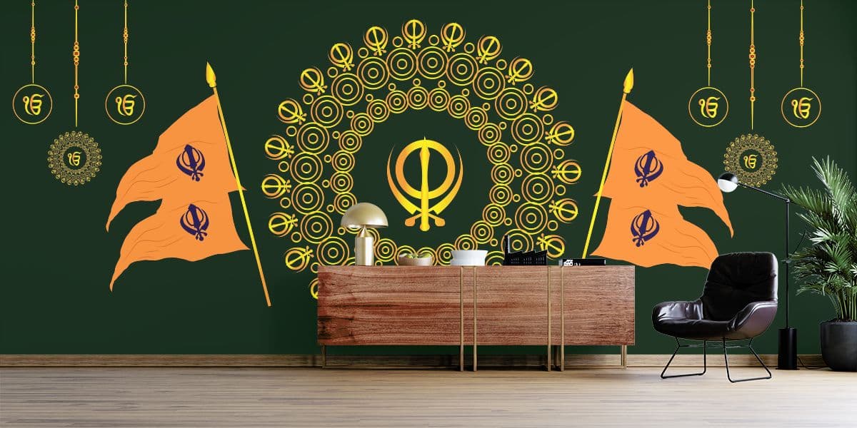 Sikh Symbols Wallpaper Mural for Wall shown in a room