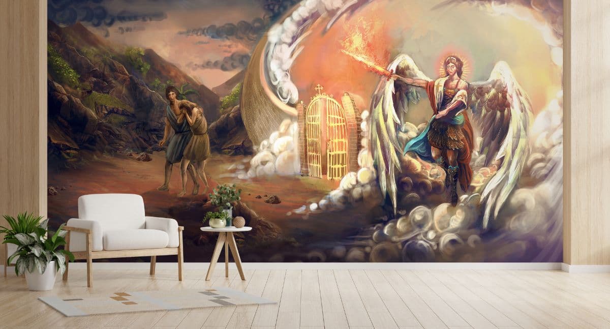 Dramatic Adam and Eve Eden Exile Scene Wall Wallpaper shown in a room