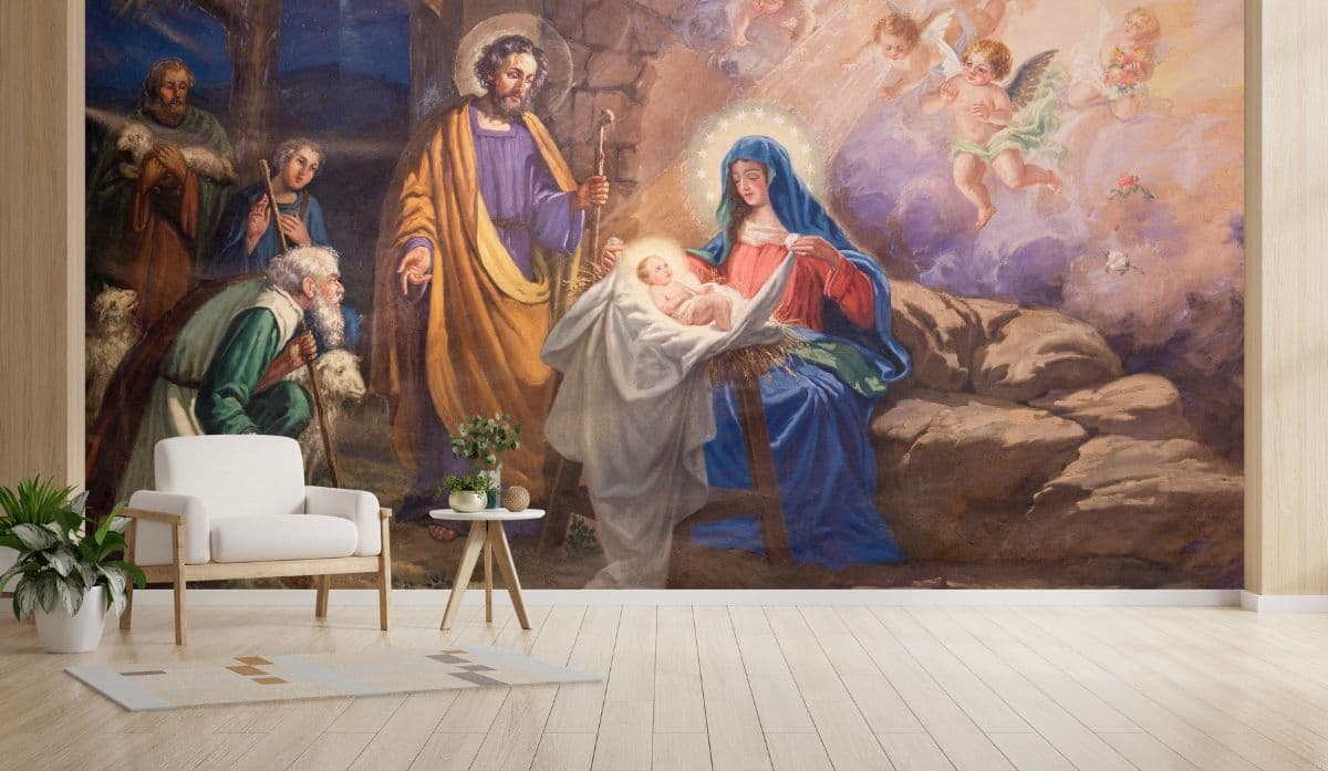 Birth of Jesus Wallpaper Mural for Wall shown in a room