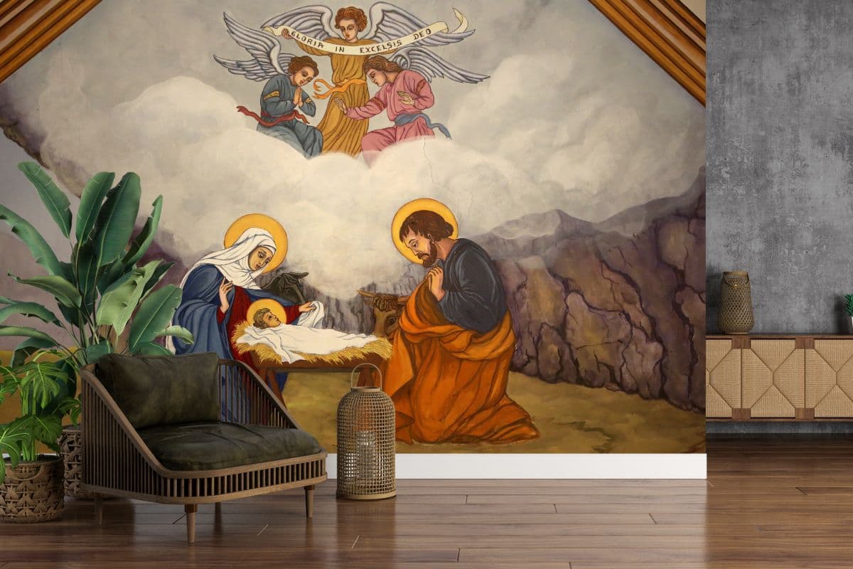 Jesus Birth Wallpaper Mural for Wall shown in a room