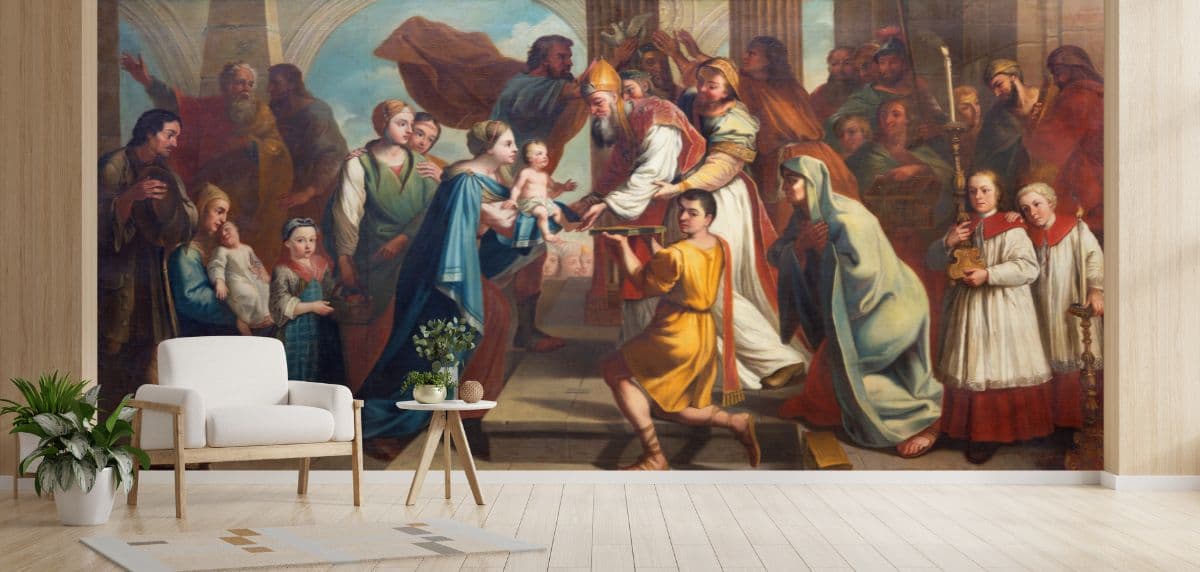 Presentation of Jesus Painting Wallpaper Mural shown in a room